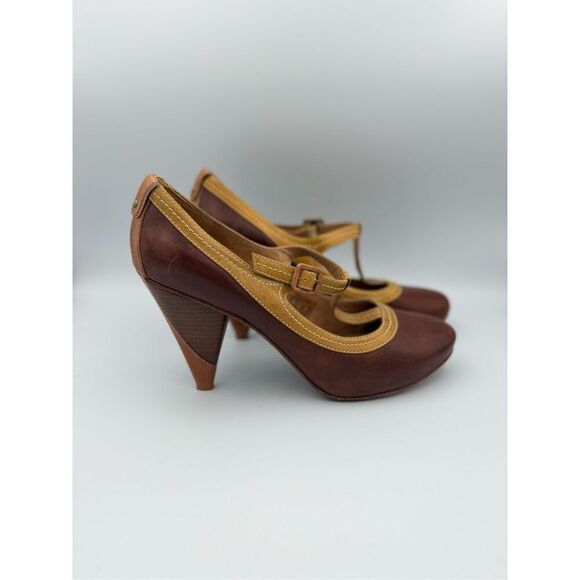 Fossil Womens Brown Tan T-Strap Mary Jane Leather Platform Pump Heels Size 11 - Picture 1 of 12